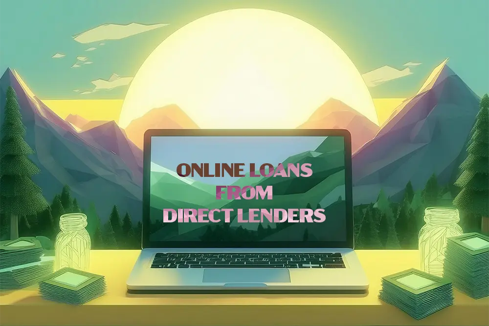 a laptop on a desk with a mountain and a sun representing Online Loans Direct Lenders concept