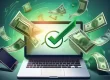 Stacks of dollar bills flying out of a laptop with a green checkmark on the screen, symbolizing approval of online loans that work reliably and quickly.