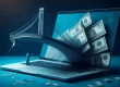 Illustration of a digital bridge made of cash emerging from a laptop, symbolizing fast access to loans for missed paychecks through online lending platforms.