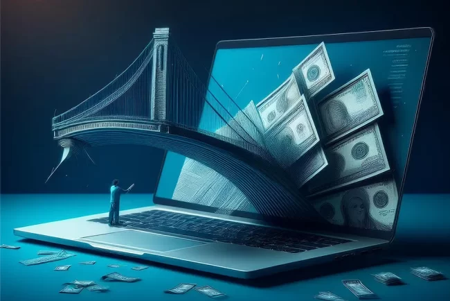 Illustration of a digital bridge made of cash emerging from a laptop, symbolizing fast access to loans for missed paychecks through online lending platforms.