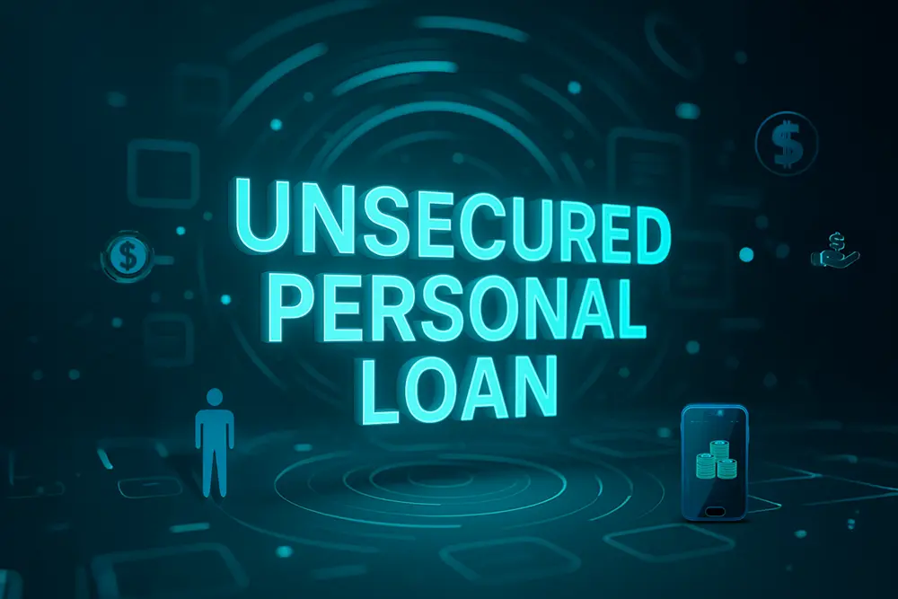 3D-rendered abstract concept showing an unsecured personal loan dashboard on a digital interface, highlighting direct lending and virtual financial tools