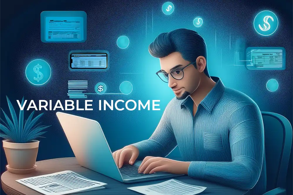 Freelancer reviewing documents on a laptop with digital icons representing variable income personal loans and fluctuating earnings in the background.