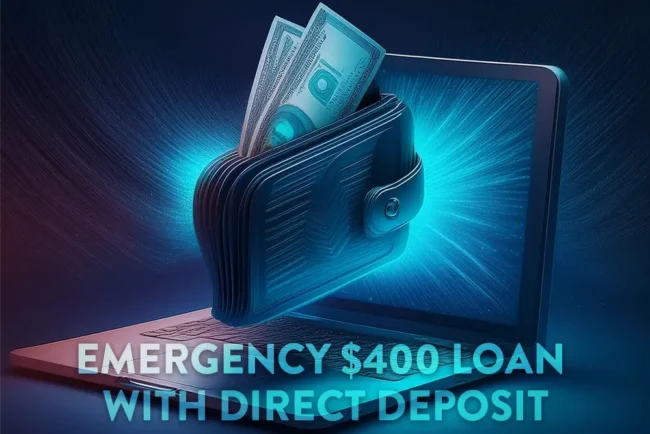 Digital illustration of cash emerging from a wallet inside a laptop, representing an emergency 400 loan direct deposit.