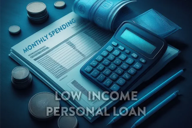 A calculator, monthly spending budget sheet, coins, and a pen symbolizing budgeting and financial planning for a low income personal loan.