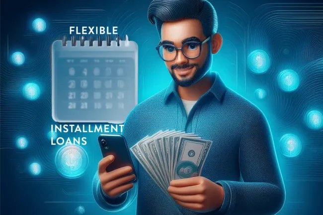 Man holding cash and phone with floating dollar icons, representing flexible installment loans and customizable payment schedules.