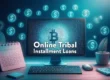 Computer screen displaying the words “Online Tribal Installment Loans” surrounded by dollar icons, representing digital access to tribal lending services with scheduled repayment.