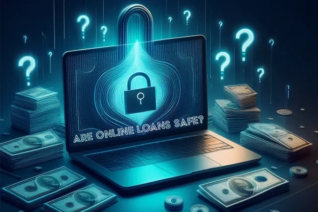 Are online loans safe – secure borrowing illustration with a laptop, lock icon, and money stacks, emphasizing borrower protection.