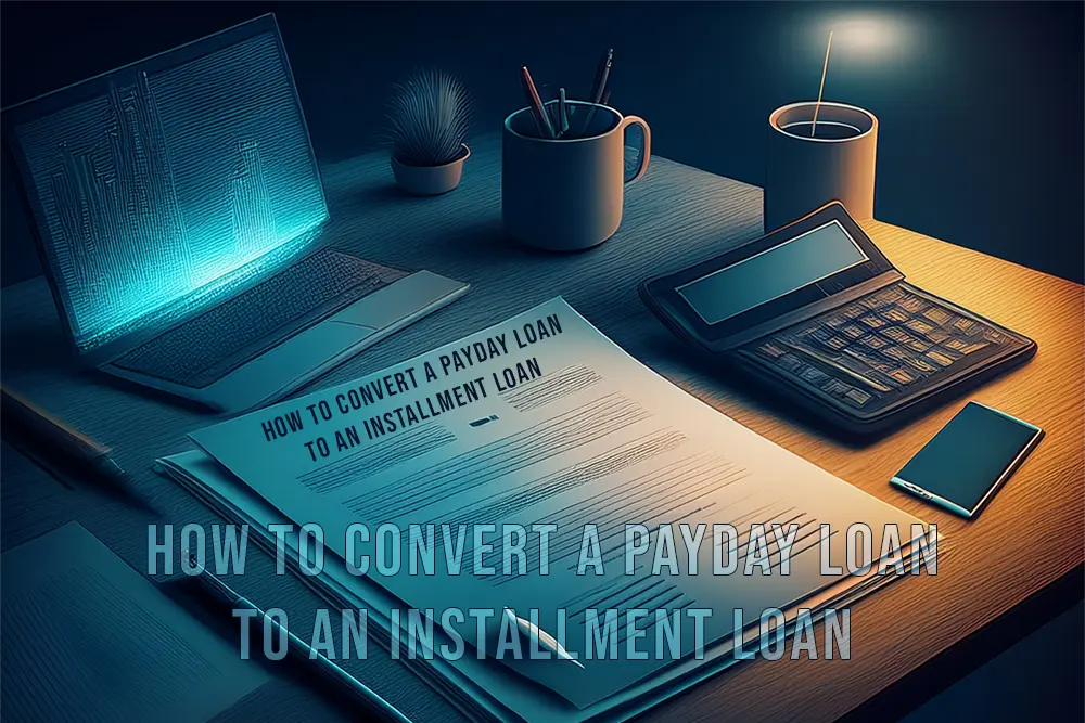 Professional desk setup showing loan conversion documents with title 'How to Convert a Payday Loan to an Installment Loan', laptop, calculator, and financial paperwork in modern office lighting