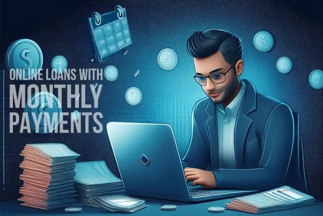 Illustration of a person using a laptop surrounded by money and calendars, representing Online Loans with Monthly Payments.