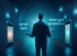 man standing between two large smartphones in a futuristic digital environment, facing a choice between "Payday Loans" on the left and "Payday Loan Alternatives" on the right, symbolizing financial decision-making.