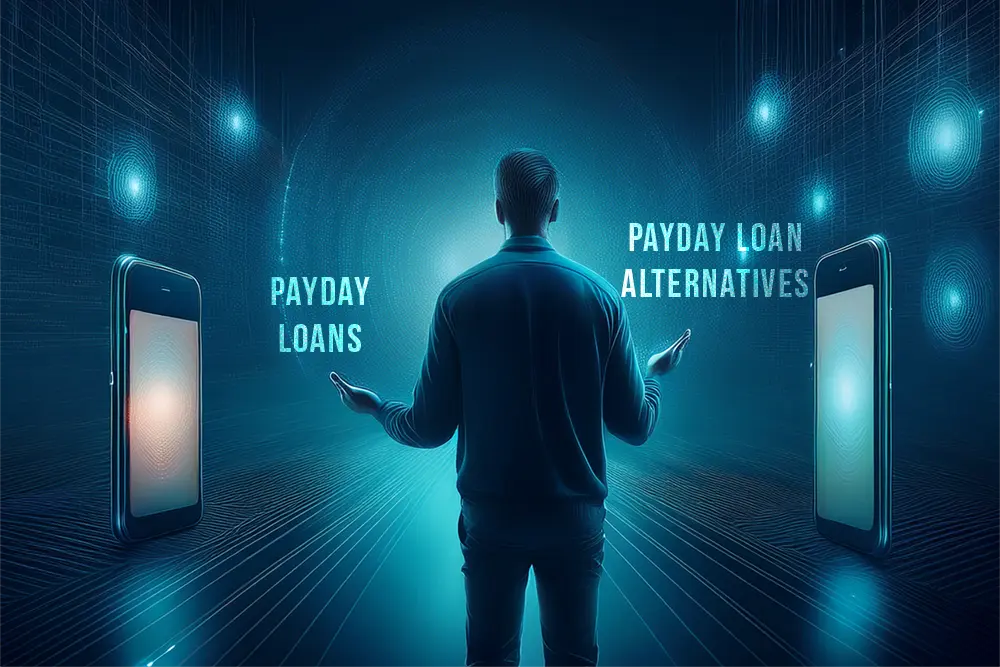man standing between two large smartphones in a futuristic digital environment, facing a choice between "Payday Loans" on the left and "Payday Loan Alternatives" on the right, symbolizing financial decision-making.