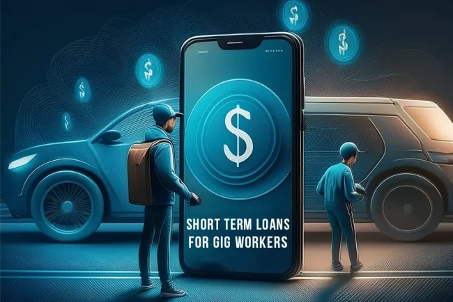 Gig workers using mobile short term loans for gig workers application interface with delivery van and financial symbols