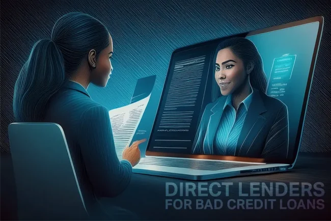 Direct Lenders for Bad Credit Loans – Secure Online Lending Illustration Illustration showing a borrower reviewing documents with a professional direct lender on a laptop screen, representing direct lenders for bad credit loans and secure online borrowing.
