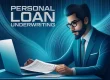 Illustration of a lender reviewing documents and a laptop during personal loan underwriting.