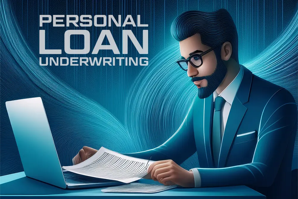 Loan Underwriting Process and Key Criteria to Know 1 Illustration of a lender reviewing documents and a laptop during personal loan underwriting.