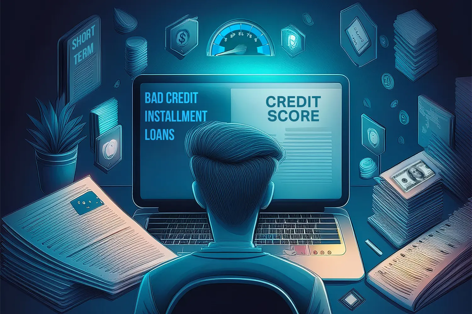 Person using laptop to research short term installment loans for bad credit, with credit score display and financial documents surrounding workspace
