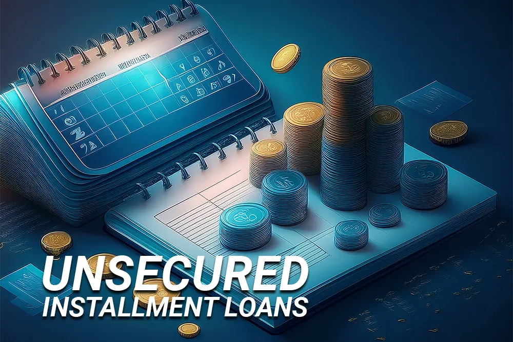 Unsecured installment loans concept showing calendar with payment schedule, stacked coins representing monthly payments, and financial planning documents on teal background